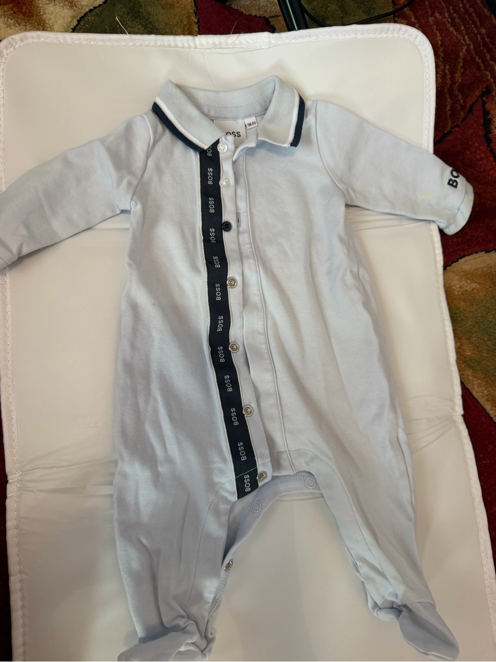 BOSS Light Blue Baby Footed One-Piece with Navy Trim